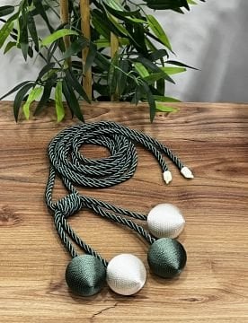 Kruvaze Perde Fon Bağı 4 Toplu Model - Koyu Yeşil - Ekru (kordon koyu yeşil)